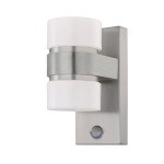 APPLIQUE ATOLLARI 2 X 6W LED 3000K 1000Lm STRUTTURA LEGA IN ALLUMINIO ACCIAIO INOX DIFFUSORE POLICARBONATO BIANCO IP44 SENSORE PIR 10 x 15,5 x H23